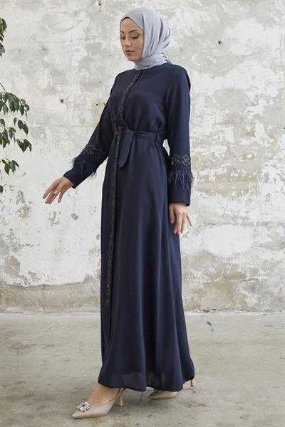 Kol Ucu Tüy Detay Taşlı Lacivert Ferace