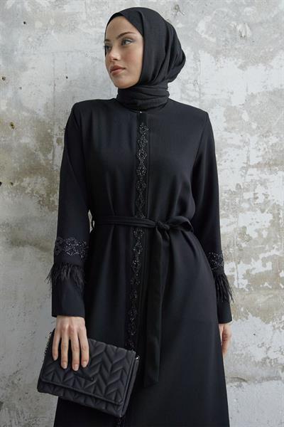 Kol Ucu Tüy Detay Taşlı Siyah Ferace