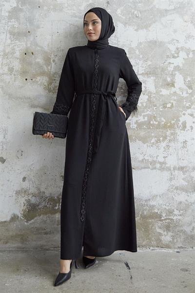 Kol Ucu Tüy Detay Taşlı Siyah Ferace