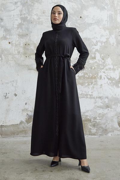 Kol Ucu Tüy Detay Taşlı Siyah Ferace