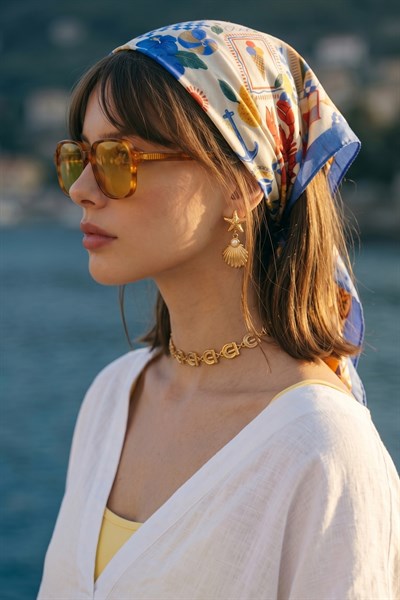 Kolaj Desenli Pastel Mavi Bandana Fular 50x50