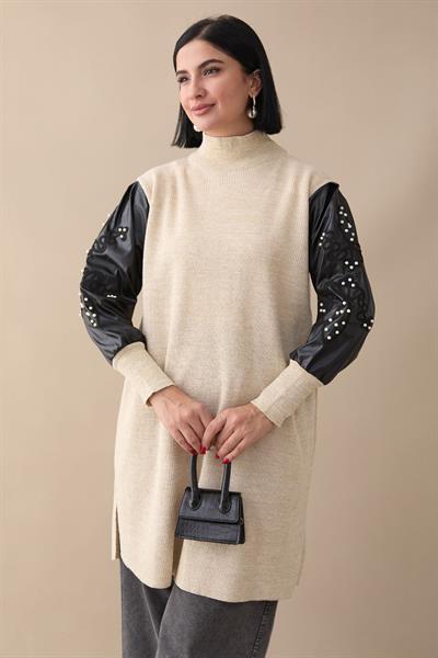 Kolları Deri Simli Bej Triko Tunik