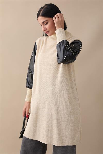 Kolları Deri Simli Bej Triko Tunik