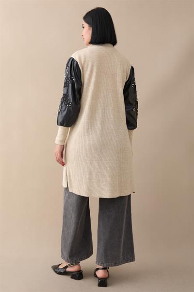 Kolları Deri Simli Bej Triko Tunik