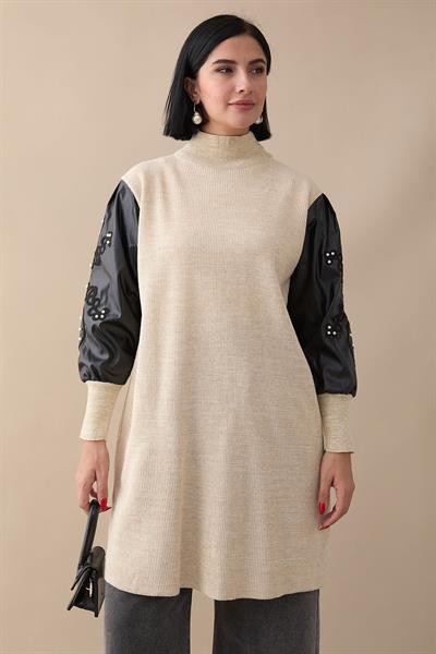 Kolları Deri Simli Bej Triko Tunik