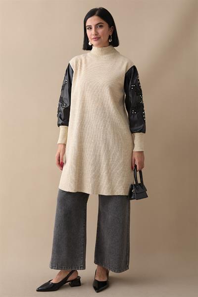 Kolları Deri Simli Bej Triko Tunik