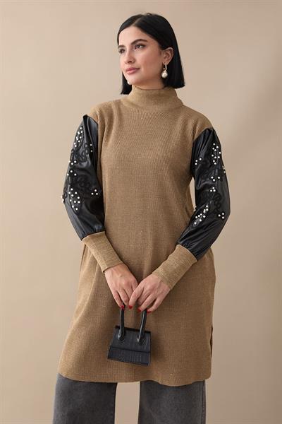 Kolları Deri Simli Camel Triko Tunik