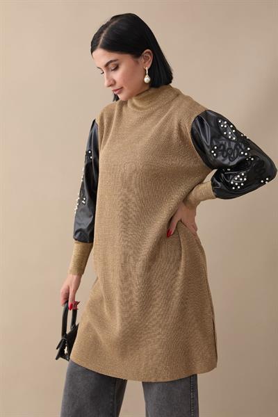 Kolları Deri Simli Camel Triko Tunik