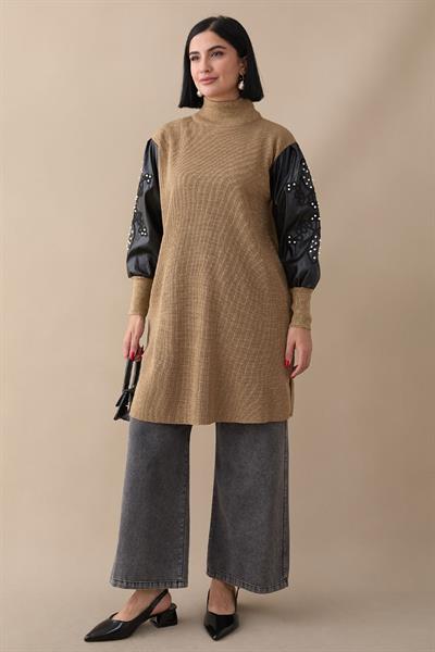 Kolları Deri Simli Camel Triko Tunik