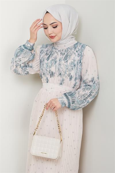 Kolları Desen Boydan Piliseli Yeşil Şifon Elbise
