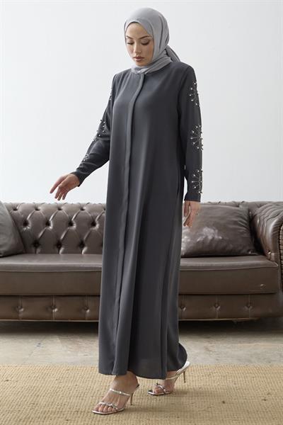 Kolları İncili Taş Detay Antrasit Ferace