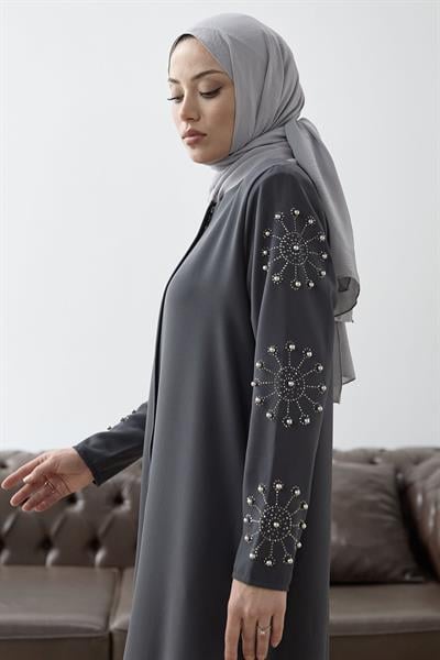 Kolları İncili Taş Detay Antrasit Ferace