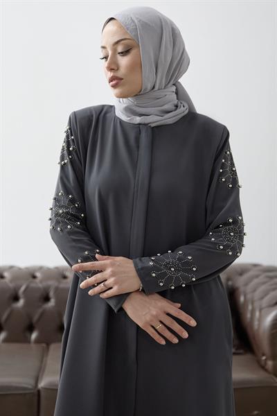 Kolları İncili Taş Detay Antrasit Ferace