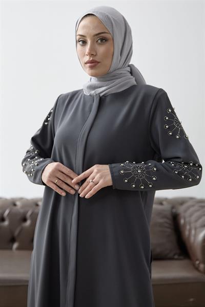 Kolları İncili Taş Detay Antrasit Ferace