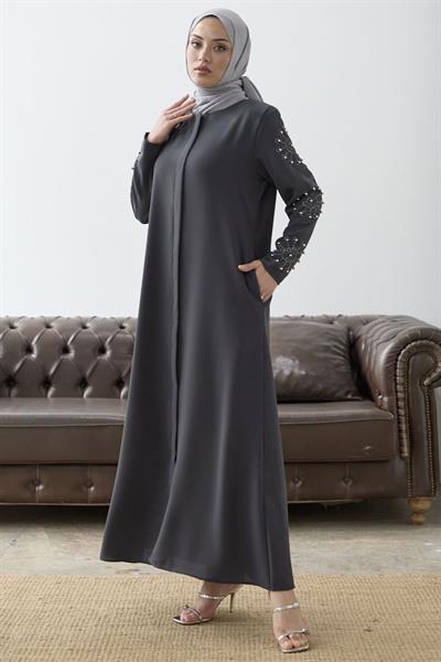 Kolları İncili Taş Detay Antrasit Ferace