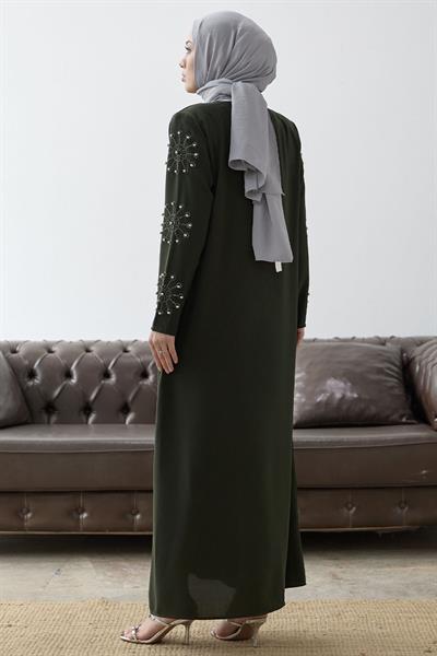 Kolları İncili Taş Detay Haki Ferace