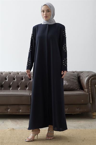 Kolları İncili Taş Detay Lacivert Ferace