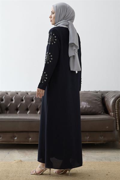 Kolları İncili Taş Detay Lacivert Ferace