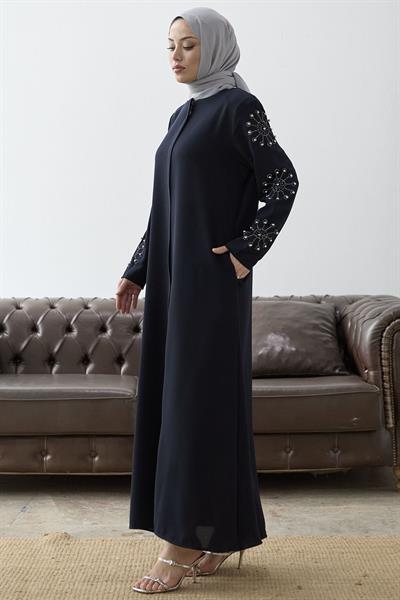 Kolları İncili Taş Detay Lacivert Ferace