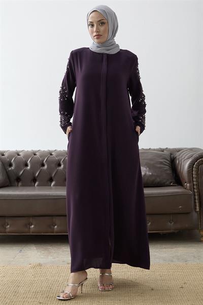 Kolları İncili Taş Detay Mürdüm Ferace