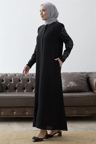 Kolları İncili Taş Detay Siyah Ferace