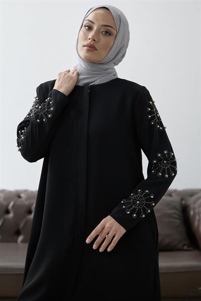 Kolları İncili Taş Detay Siyah Ferace