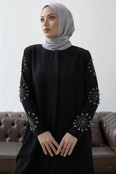 Kolları İncili Taş Detay Siyah Ferace