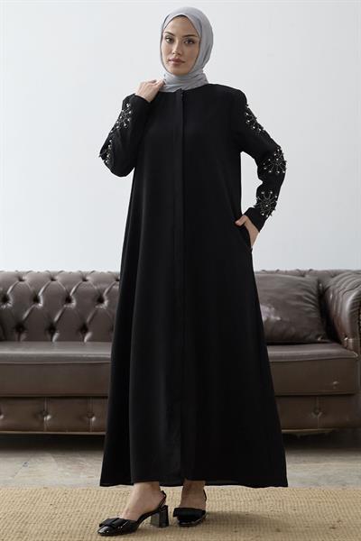 Kolları İncili Taş Detay Siyah Ferace