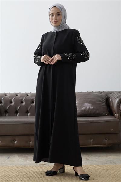 Kolları İncili Taş Detay Siyah Ferace