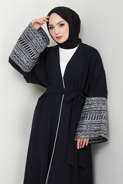 Kolları Pul Payetli Siyah Abaya