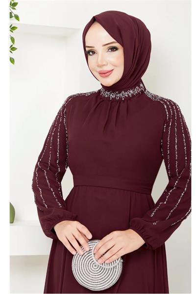 Kolları Taşlı Pullu Bordo Şifon Abiye