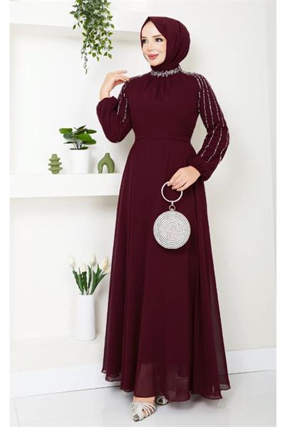 Kolları Taşlı Pullu Bordo Şifon Abiye