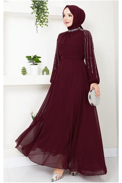 Kolları Taşlı Pullu Bordo Şifon Abiye
