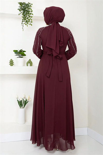 Kolları Taşlı Pullu Koyu Kırmızı Şifon Abiye