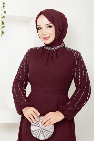 Kolları Taşlı Pullu Koyu Kırmızı Şifon Abiye