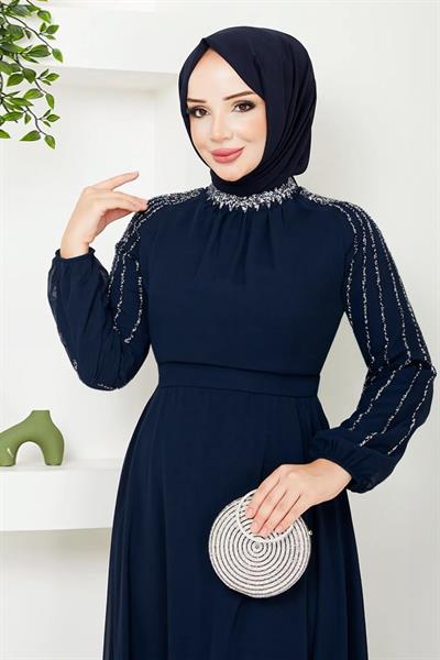 Kolları Taşlı Pullu Lacivert Şifon Abiye