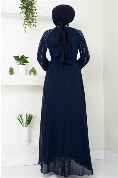Kolları Taşlı Pullu Lacivert Şifon Abiye