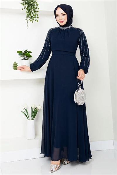 Kolları Taşlı Pullu Lacivert Şifon Abiye