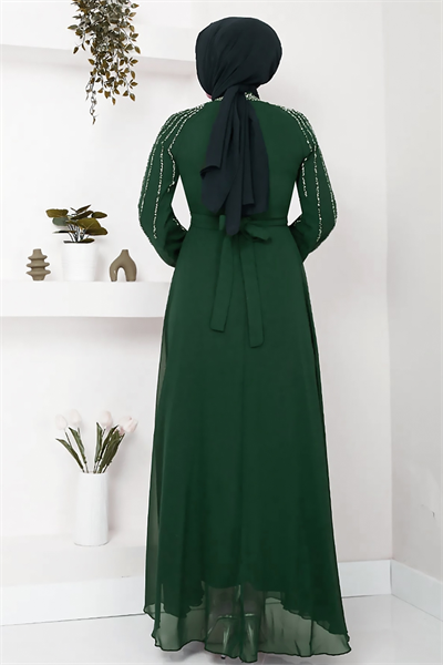 Kolları Taşlı Pullu Yeşil Şifon Abiye