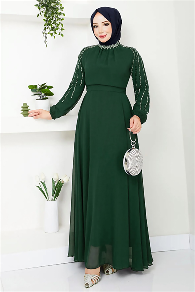 Kolları Taşlı Pullu Yeşil Şifon Abiye