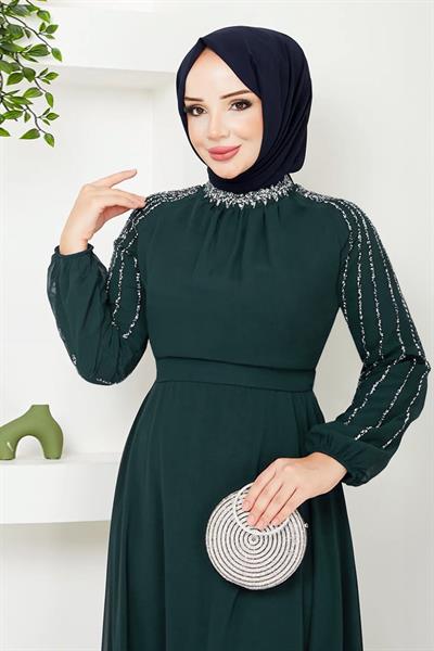 Kolları Taşlı Pullu Zümrüt Yeşili Şifon Abiye