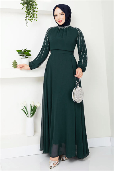 Kolları Taşlı Pullu Zümrüt Yeşili Şifon Abiye
