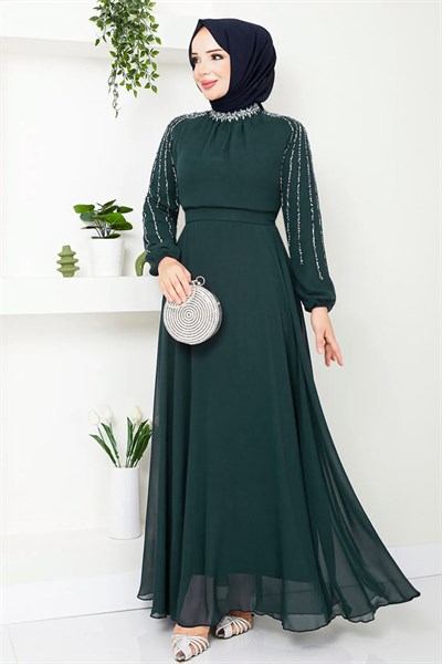Kolları Taşlı Pullu Zümrüt Yeşili Şifon Abiye