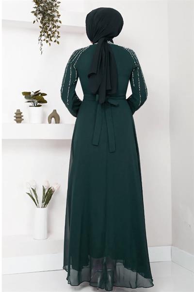 Kolları Taşlı Pullu Zümrüt Yeşili Şifon Abiye