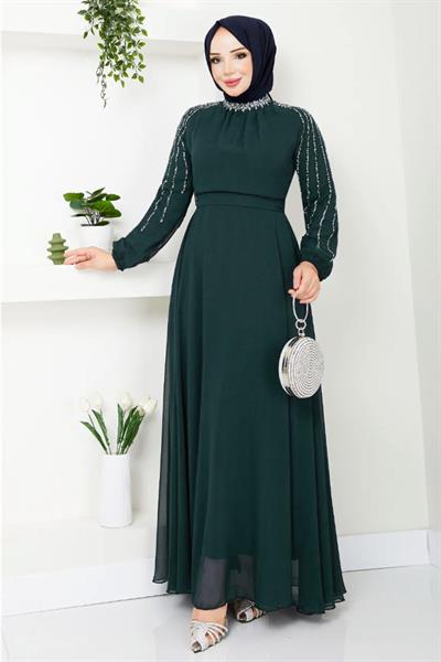 Kolları Taşlı Pullu Zümrüt Yeşili Şifon Abiye