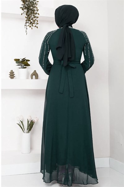 Kolları Taşlı Pullu Zümrüt Yeşili Şifon Abiye