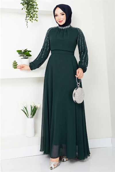 Kolları Taşlı Pullu Zümrüt Yeşili Şifon Abiye