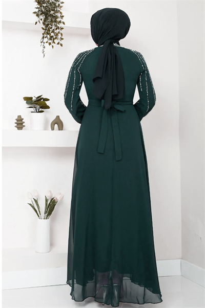 Kolları Taşlı Pullu Zümrüt Yeşili Şifon Abiye