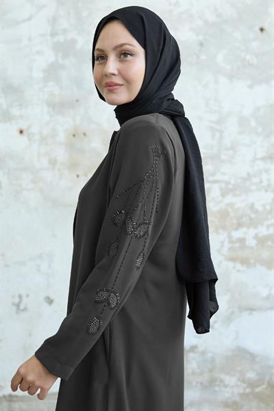 Kolları Yaprak İncili Antrasit Ferace