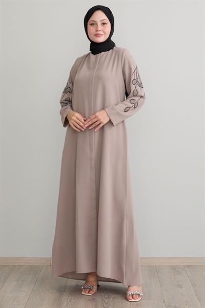 Kolları Yaprak İncili Bej Ferace